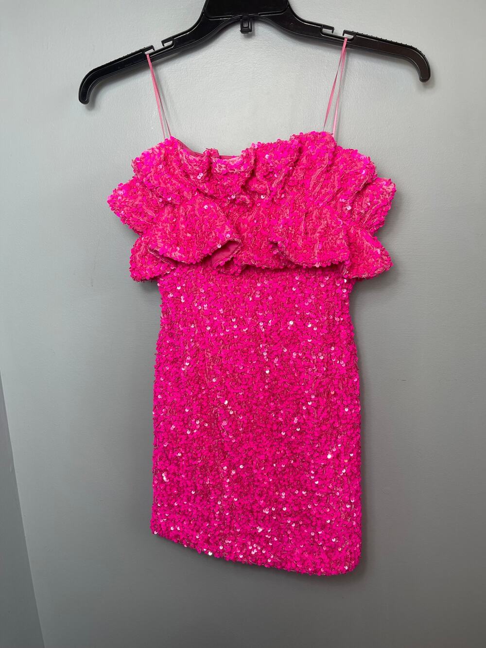 Allison + Kelly Hot Pink Sequin Ruffle Mini Dress Spaghetti Strap Size S